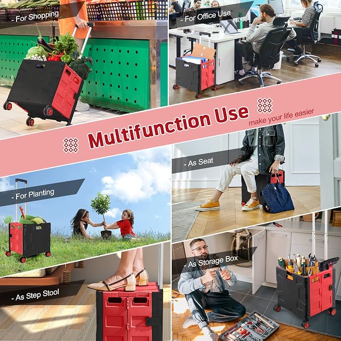 FELICON Folding Utility Cart Rolling Crate Handcart Basket Tote-Red+Black | - Image 7