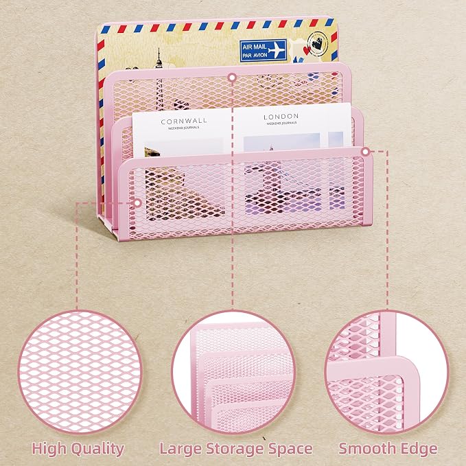 Marbrasse Mail Organizer for Desk, 3-Slot Mesh Metal Mail Holder countertop - Image 3
