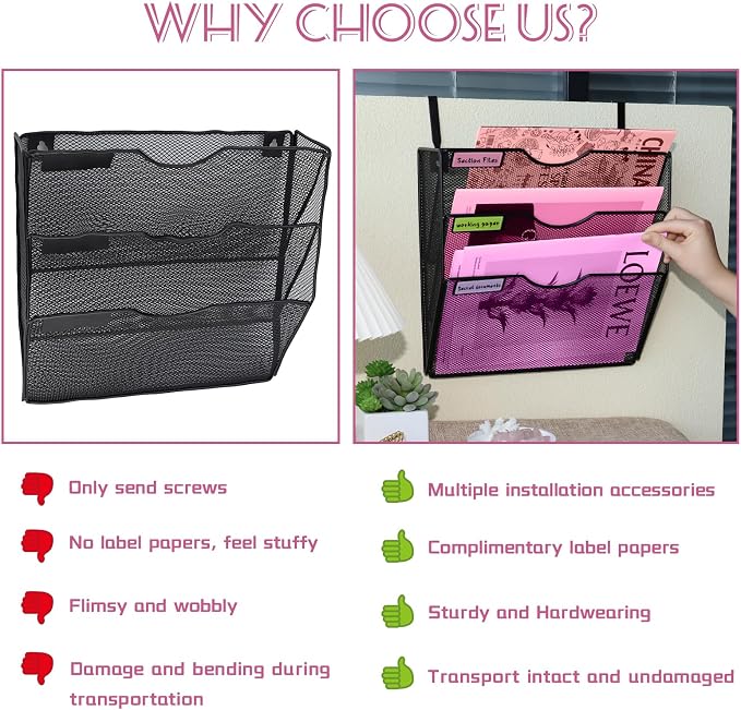3 Pockets Mesh Wall File Holder Organizer Office Hanging File Folder Magazine - Image 4