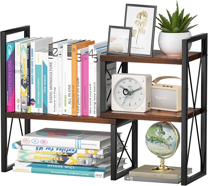 Expandable Desktop Shelf Organizer, 2 Tier Wood Desk Shelf by Yelinkws