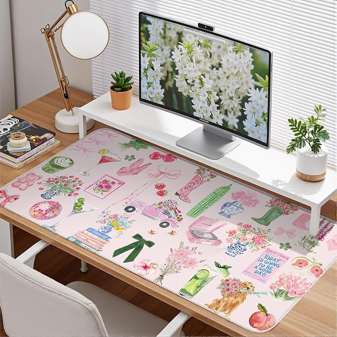 Pink Pastel Floral Desk Mat Cute Kawaii Retro Vintage XXL Large Mouse Pad - Image 2