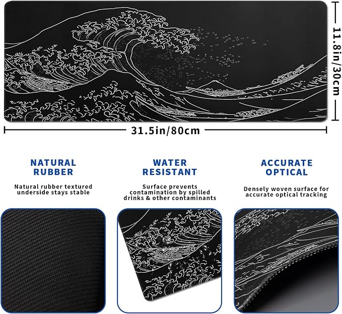 Japanese Gaming Mouse Pad Abstract Black Mouse Pad 31.5x11.8 Inch Black Sea - Image 2