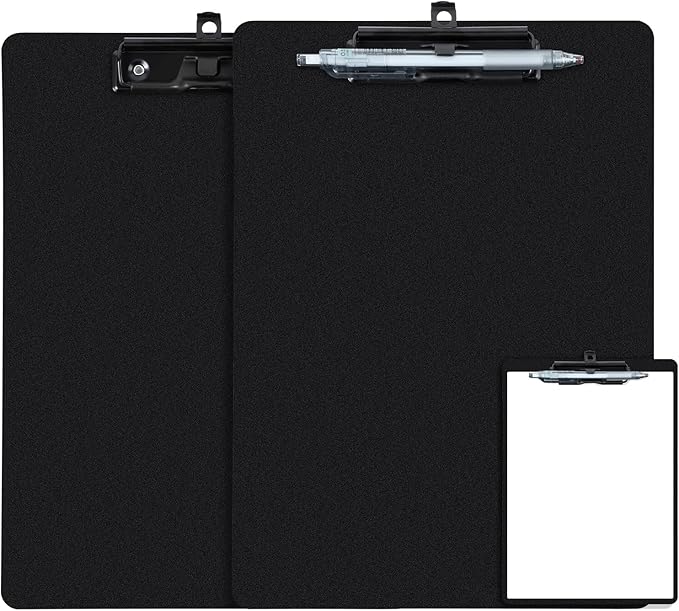 FRETONBA Black Clipboard with Pen Holder, 2 Pack Plastic Clipboard with Low by FRETONBA