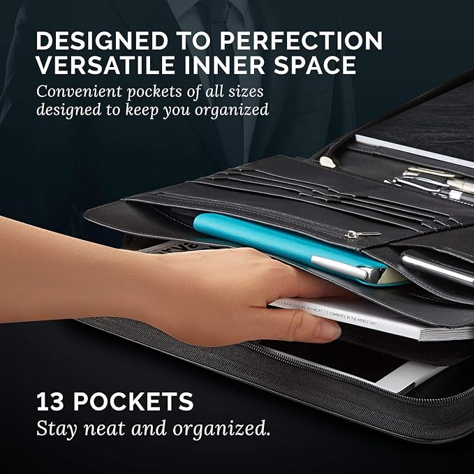 NERO MANETTI- Zippered Vegan Leather Padfolio/Portfolio Pad Holder-Business PU - Image 4