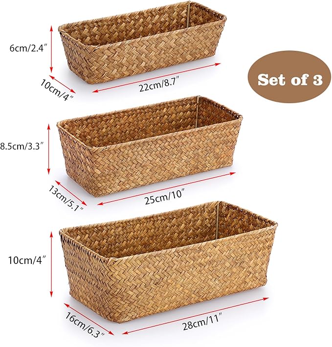 3 Natural Wicker Basket Set Rectangular Handwoven Seagrass Basket Storage Bins - Image 2