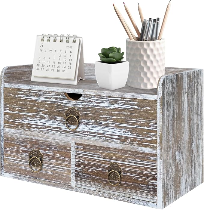Wood Desk Organizer with Drawer, Washed Brown Wooden Desktop Organizer by SEEKELEGANT