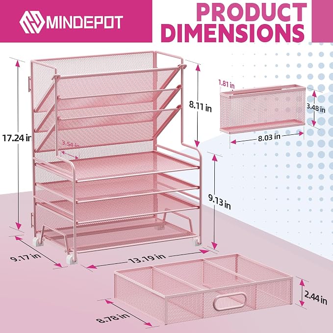 MINDEPOT 4-Tier Paper Organizer + 3-Pocket File Holder + Drawer + Pen Holders - Image 2