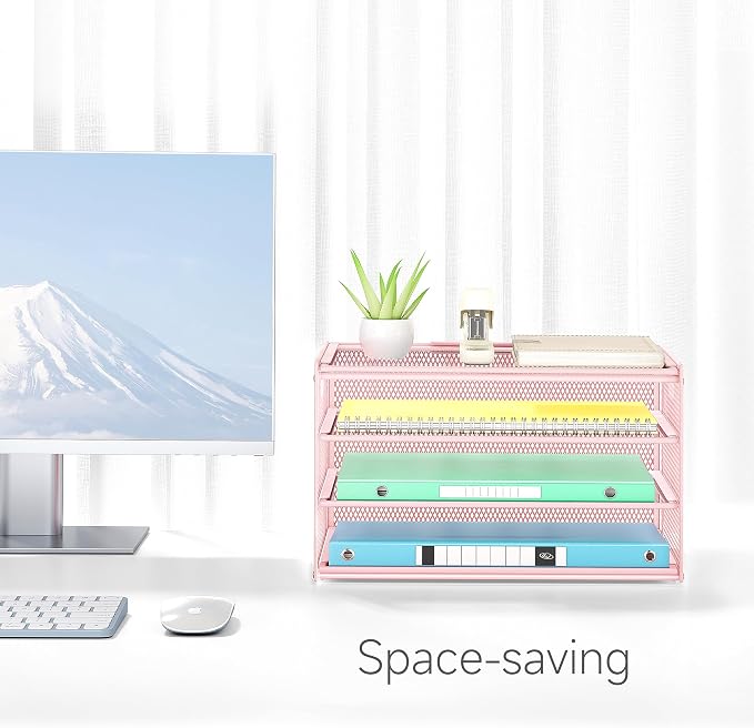 Lavatino 3-Tier Letter Tray Desk Paper Organizer – Pink Mesh Metal File Tray - Image 8