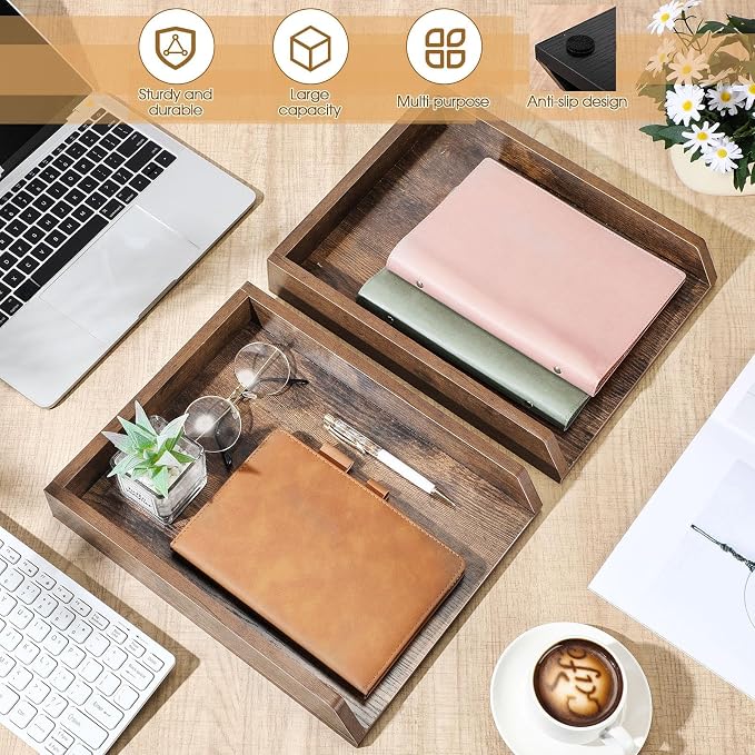 DoubleFill 4 Pcs Wooden Letter Trays 2 Tier Desktop Paper Organizer Wood - Image 4