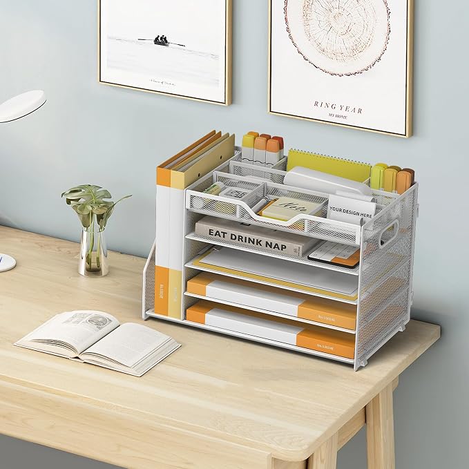 5 Tier Paper Letter Tray with File Holder and 3 Drop-in Pen Holders, Mesh Desk - Image 6