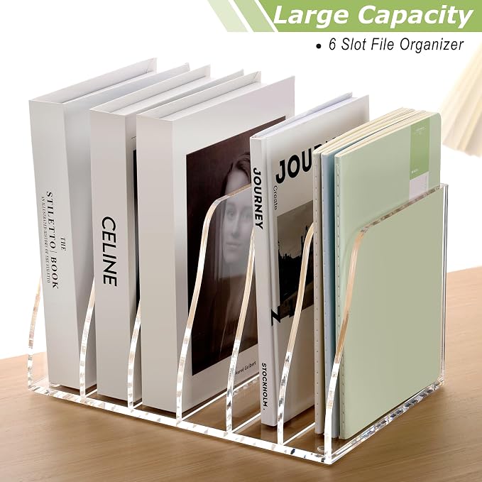 SANRUI Acrylic Desk File Organizer, 6 Vertical Compartments Clear Magazine File - Image 3