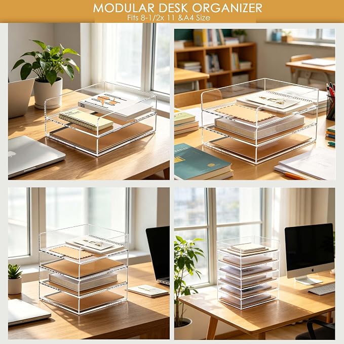 SANRUI 4 Tier Stackable Acrylic Letter Tray, 5mm Thick Clear Desk File Organizer - Image 8