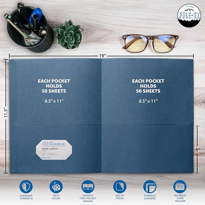FILE-EZ Two-Pocket Folders, Dark Blue, Textured Paper, Letter Size - Image 2