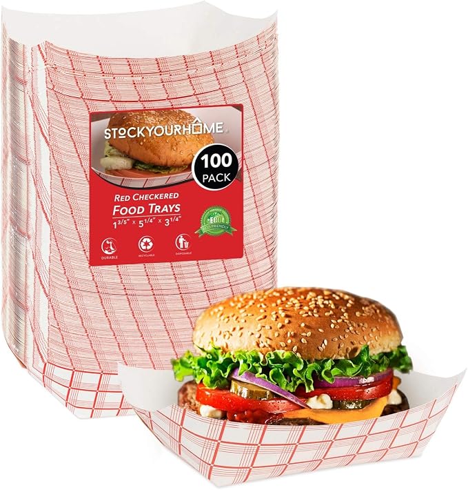 100-Pack 3 lb Paper Food Trays – Red & White Checkered Disposable Paper Food by StockYourHome