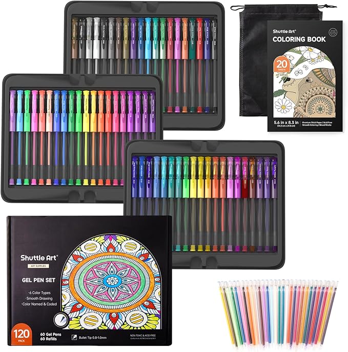 Shuttle Art Gel Pens, 120 Pack Gel Pen Set Packed in Sturdy Box, 60 Unique by ShuttleArt