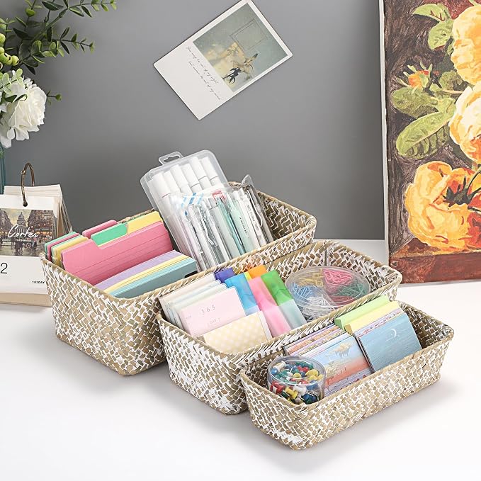3 Natural Wicker Baskets Set Rectangular Handwoven Seagrass Basket Storage Bins - Image 6