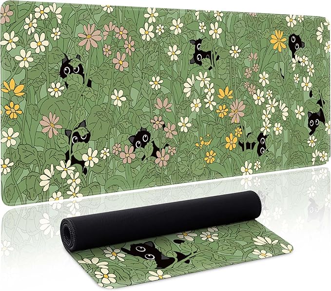 Cute Cat Mouse Pad Large Green Desk Mat Extended Keyboard Mouse Pad Kawaii by Unknown
