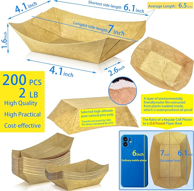 200 Pack 2lb Kraft Paper Food Trays Disposable Paper Boats, Heavy-Duty Food - Image 2