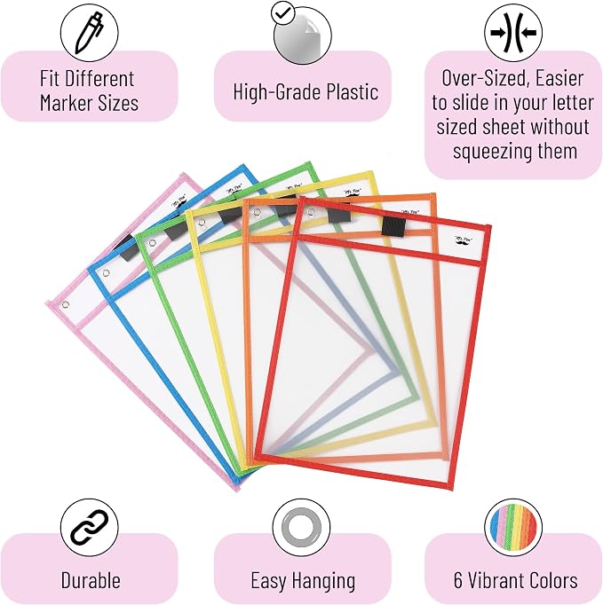 Mr. Pen- Reusable Dry Erase Pocket Sleeves, 6 Pack, Colorful | Clear Plastic - Image 4