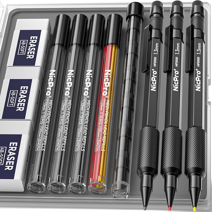 Nicpro 3 PCS 1.3 mm Blacke Mechanical Pencils Set by Nicpro