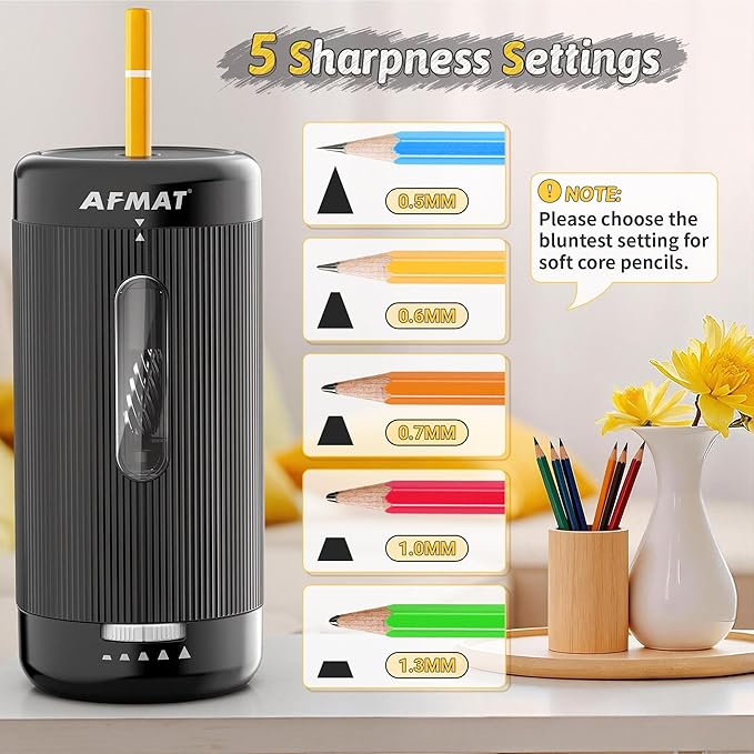 AFMAT Electric Pencil Sharpener, Auto in & Out, 5 Nibs, 7K+ Uses, Fully - Image 4
