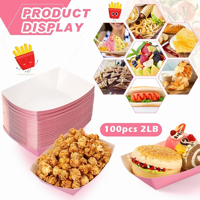 Yinkin 100 Pcs 2lb Paper Food Trays Boat 2lb Disposable Nacho Trays Kraft Paper - Image 3