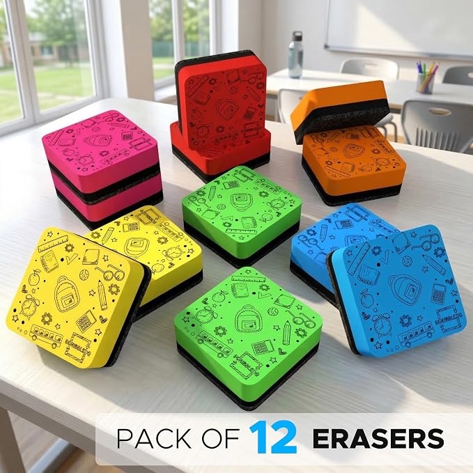 12 Pack Dry Erase Erasers Assorted Colors Magnetic Whiteboard Erasers - Image 4