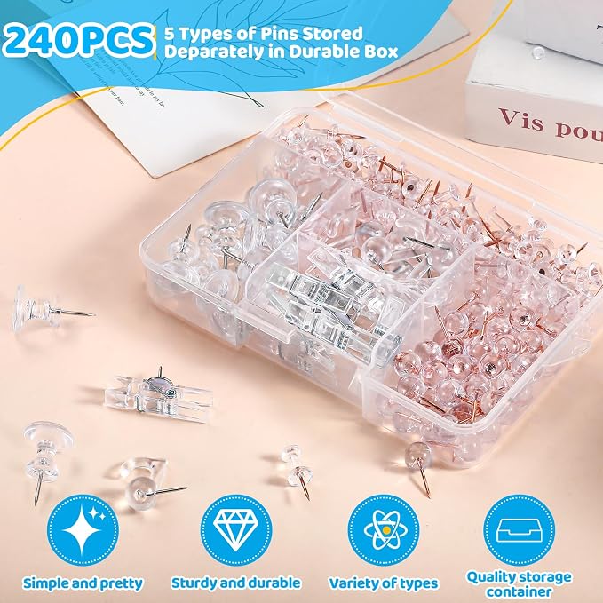 240Pcs Clear Thumb Tacks, 5 Style Thumbtacks, Bulletin Boards - Image 3