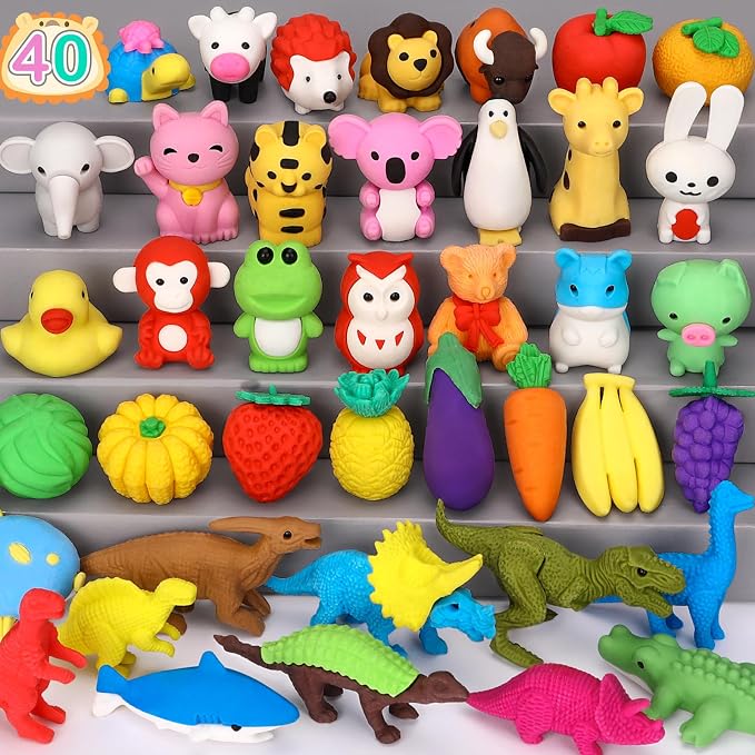 40 Pack Animal Erasers for Kids Bulk Desk Pets Classroom Prizes Treasure Box by Arscniektoysforkid