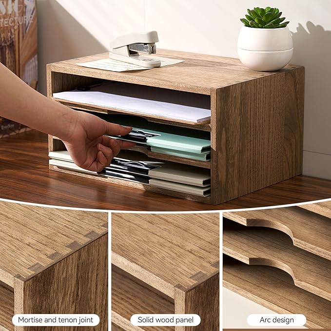 KIRIGEN Wooden Desktop Organizer, 3 Tier Solid Wood Letter Tray and Paper File - Image 6
