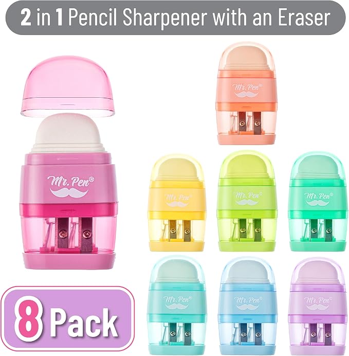 Mr. Pen- Pencil Sharpener & Eraser, 4 Pack | 2-in-1 Manual Sharpeners - Image 2