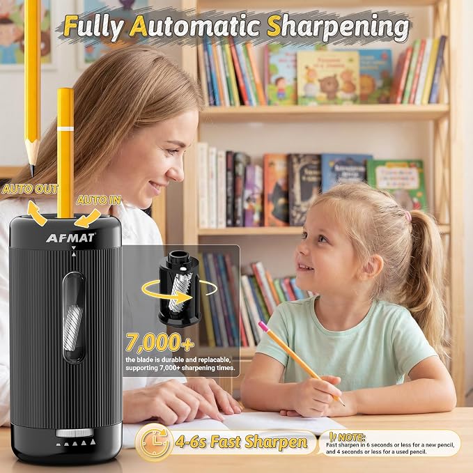 AFMAT Electric Pencil Sharpener, Auto in & Out, 5 Nibs, 7K+ Uses, Fully - Image 2