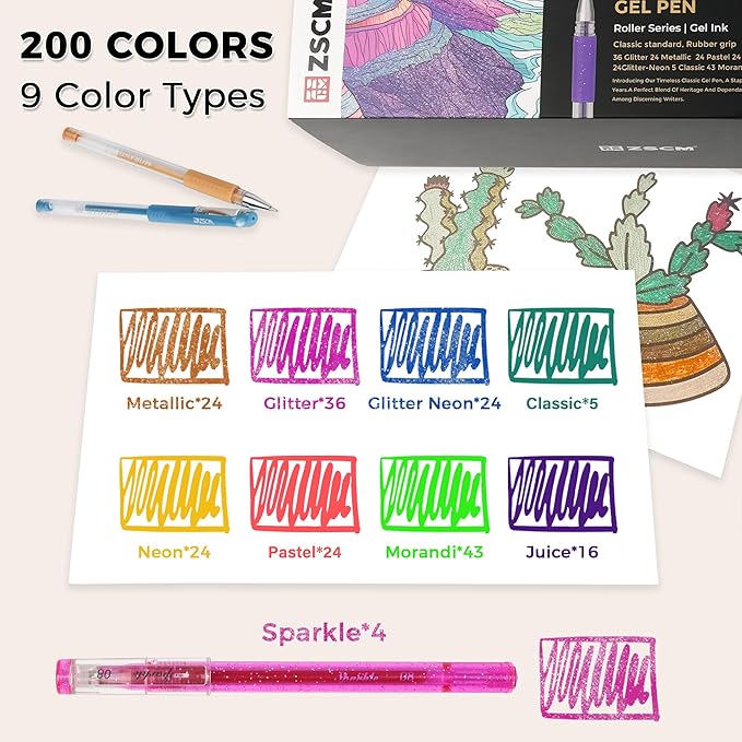 ZSCM 400 Pack Gel Pens for Adult Coloring Book, 200 Artist Colored Pens - Image 3