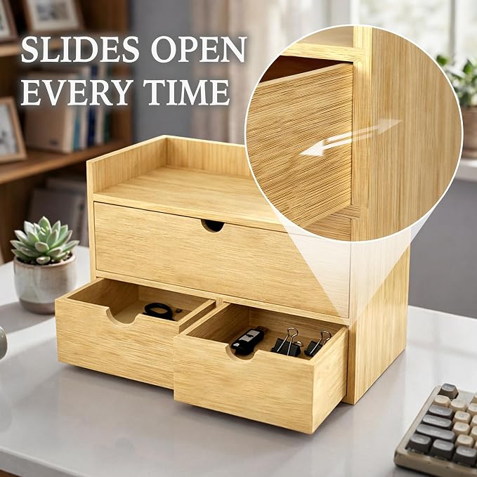 Bamboo Desk Organizer with 3 Drawers and Shelf, Desktop Drawers Wooden Storage - Image 4