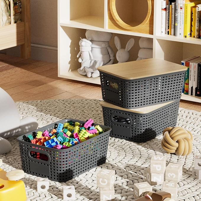 6Pcs Storage Bins with Lids, Stackable Plastic Storage Basket with Bamboo Lid - Image 5