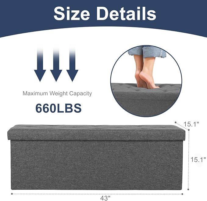 DUMOS 43 Inch Folding Storage Ottoman Bench, Spacious Hidden Organizer - Image 3