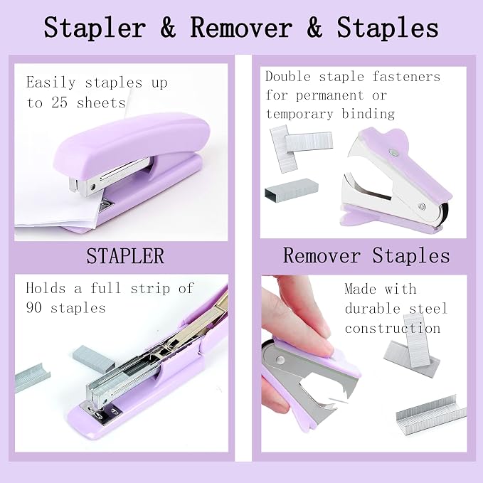Dimonluce Purple Desk Accessories, Staple Remover, 1000 Staples, Clips Set - Image 2