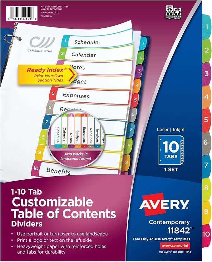Avery Dividers for 3 Ring Binders, 10 Tabs per Set, Customizable Table of by Avery