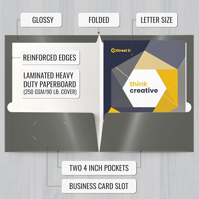 Better Office Products 2 Pocket Glossy Laminated Gray Paper Folders, Box of 25 - Image 2