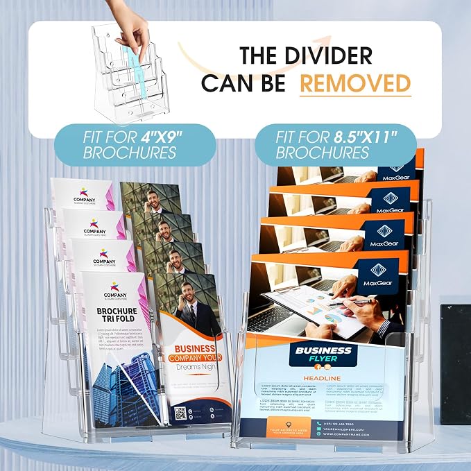 MaxGear 4 Tier Brochure Holder, 8.5 x 11, Removable Divider, 1 Pack | Clear - Image 3