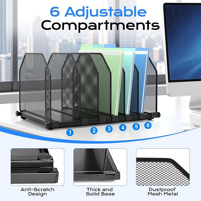 Adjustable File Organizer for Desk, 6 Sections Vertical File Folder Holders - Image 3