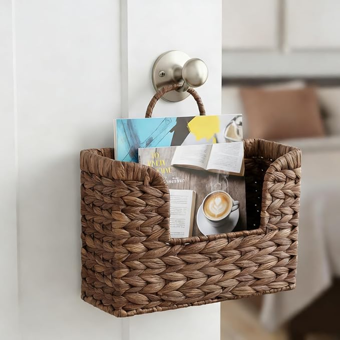 PINXIURY Magazine Holder Wall Basket Water Hyacinth Woven Mail Organizer - Image 4