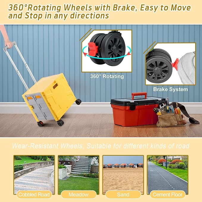 FELICON Folding Utility Cart Rolling Crate Handcart Basket Tote-Yellow+Gray | - Image 5