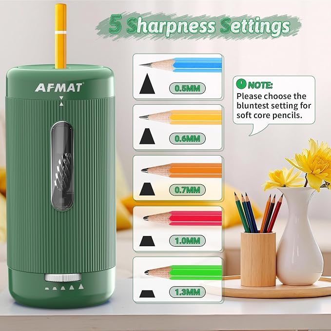 AFMAT Electric Pencil Sharpener, Auto in & Out, 5 Nibs, 7K+ Uses, Fully - Image 4