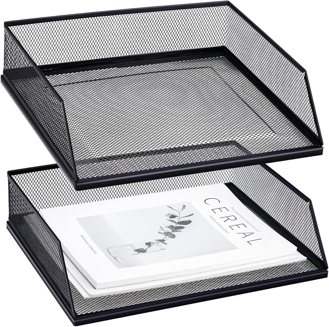 Hicarer 2 Pcs Black Metal Letter Tray Stackable Desk Tray Single Wire Mesh by Hicarer