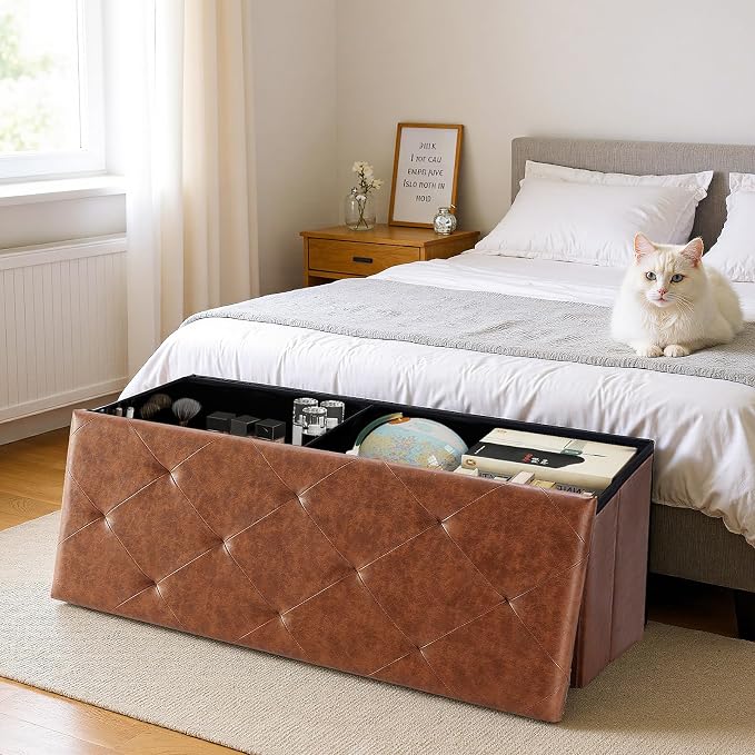 DUMOS Foldable Storage Ottoman Bench 43in, Foot Rest Stool, Synthetic Leather - Image 6
