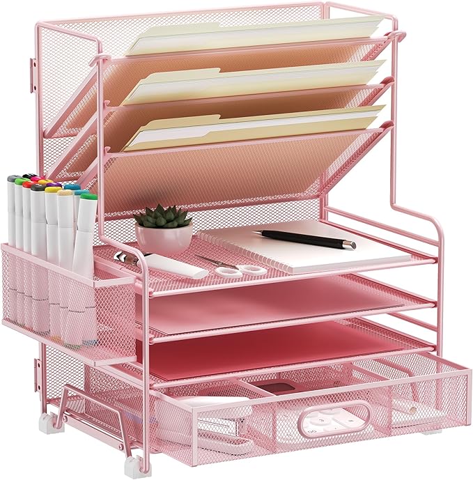 MINDEPOT 4-Tier Paper Organizer + 3-Pocket File Holder + Drawer + Pen Holders by MINDEPOT