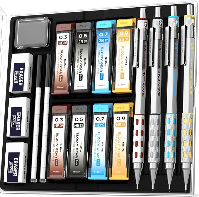 Nicpro 4 Pack Blocky Gear 0.3, 0.9 mm Metal Mechanical Pencils Set by Nicpro