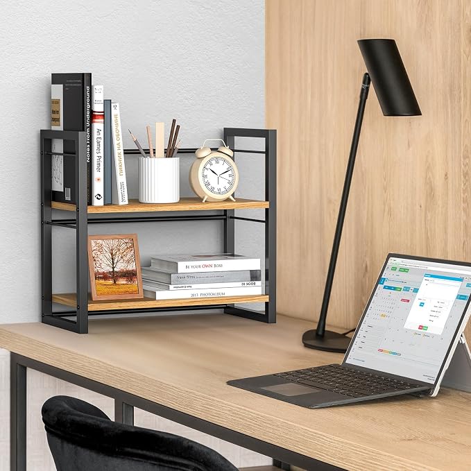 Office Desk Shelf Organizer, Wood Desktop Bookshelf Supplies Storage Rack - Image 5