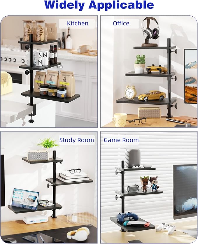 3 Tiers Clamp On Desk Shelf, 360° Angle Adjustable Desktop Shelf Organizer - Image 4